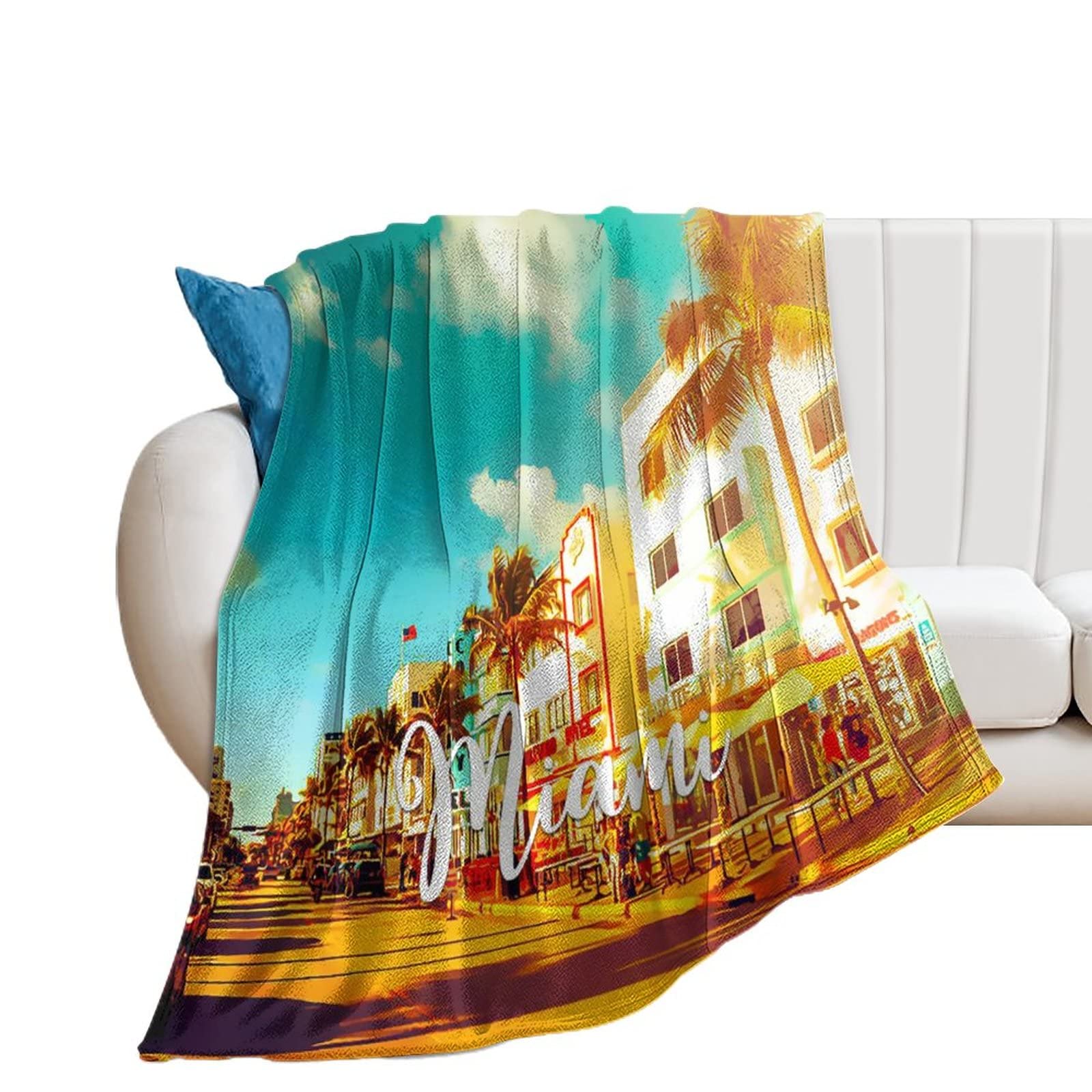 Couverture flanelle lit Miami plaid microfibre chaud jeté de canapé paysage urbain