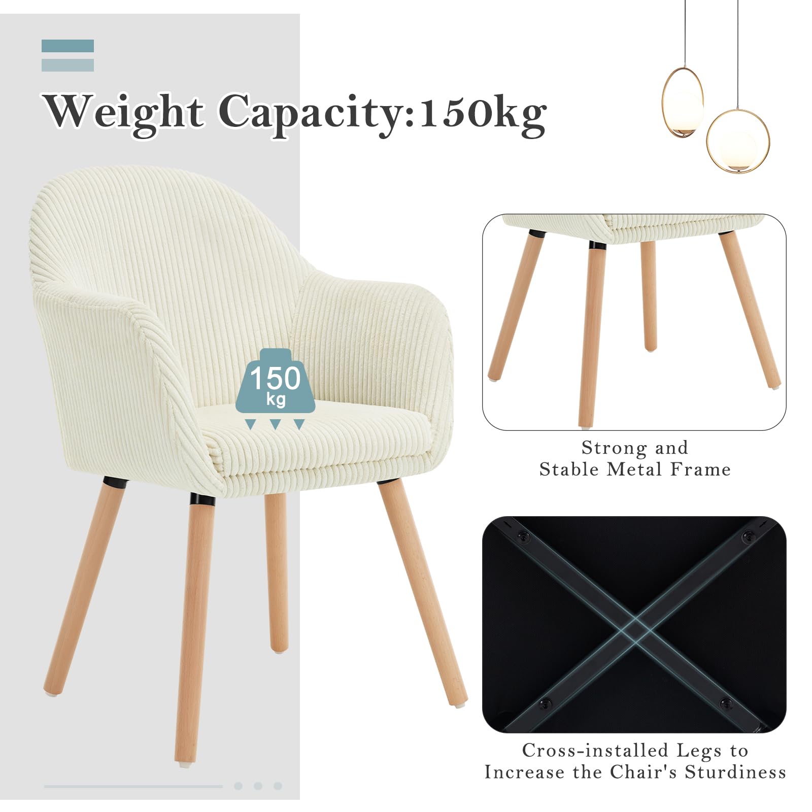 WOLTU Set di 2 Sedie Sala da Pranzo, Sedie Cucina, Poltroncine | Per Camera da Letto Ufficio, Salotto, Seduta in Velluto a Coste, Gambe in Legno Massiccio, Crema