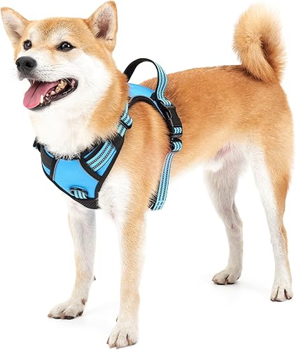 Arnés ajustable para perros medianos, sin tirones, reflectante, fácil de poner, hecho de tela de nailon 900D (azul M)