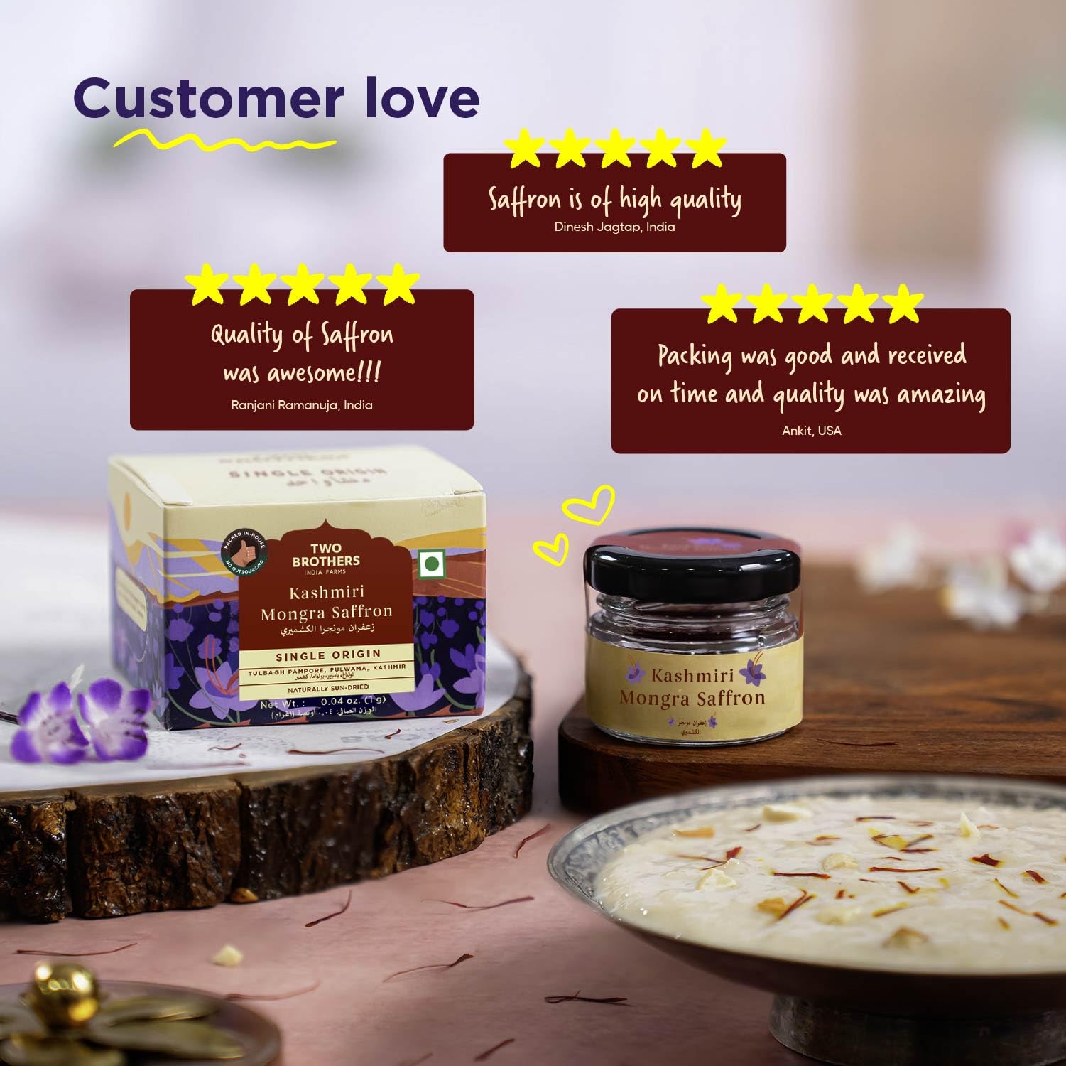 TWO BROTHERS ORGANIC FARMS Safran Kashmiri Mongra (1 g) | Premium, récolté à la main et séché au soleil | Arôme riche, stimule l'immunité, aide à la digestion et améliore la santé de la peau