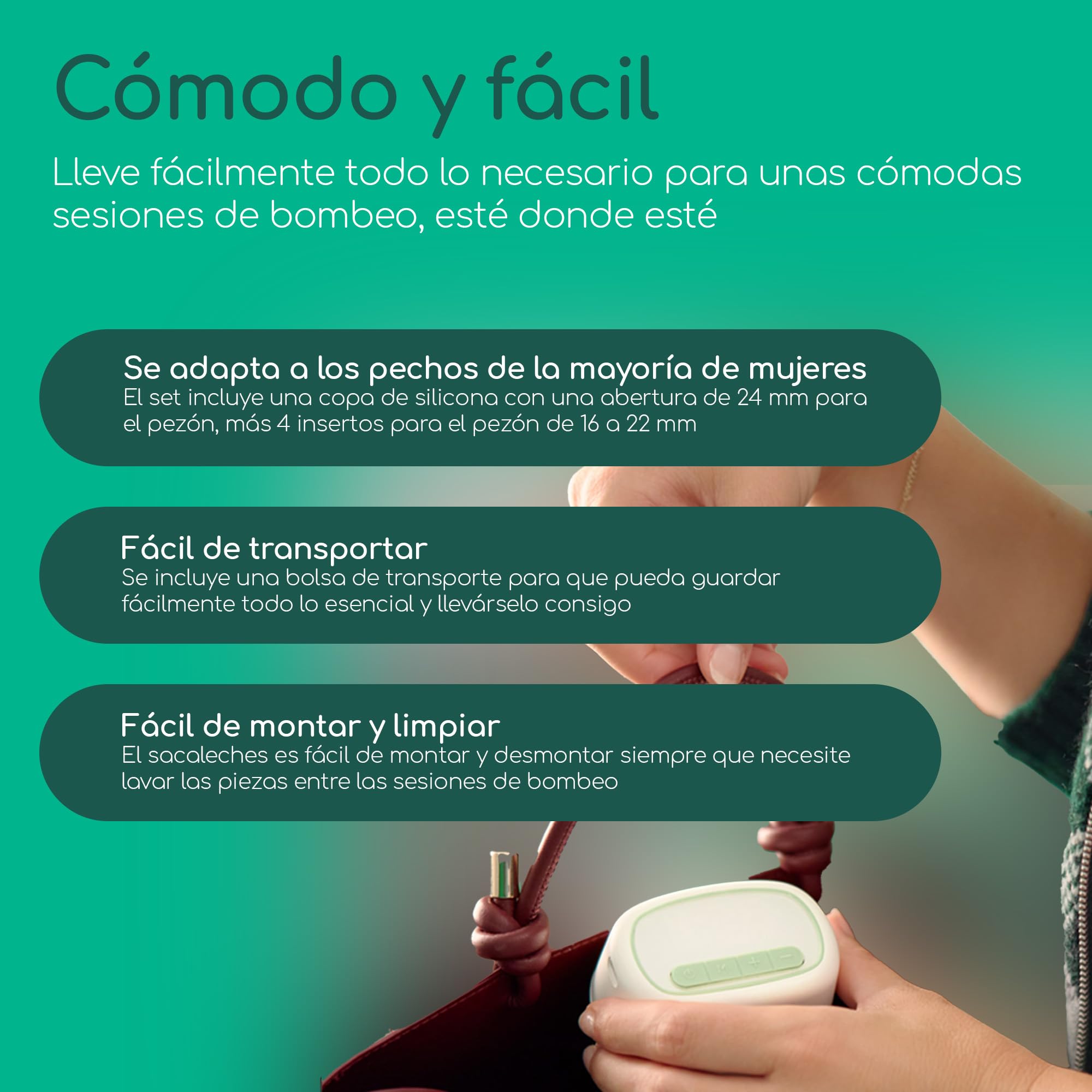 Bebeconfort Discreet Sacaleches Electricos, Sacaleches Manos Libres, Silencioso (51 dB), 3 Modos de Extracción, 15 Ajustes Intensidad, Batería Larga Duración, Contenedor Grande 210 ml