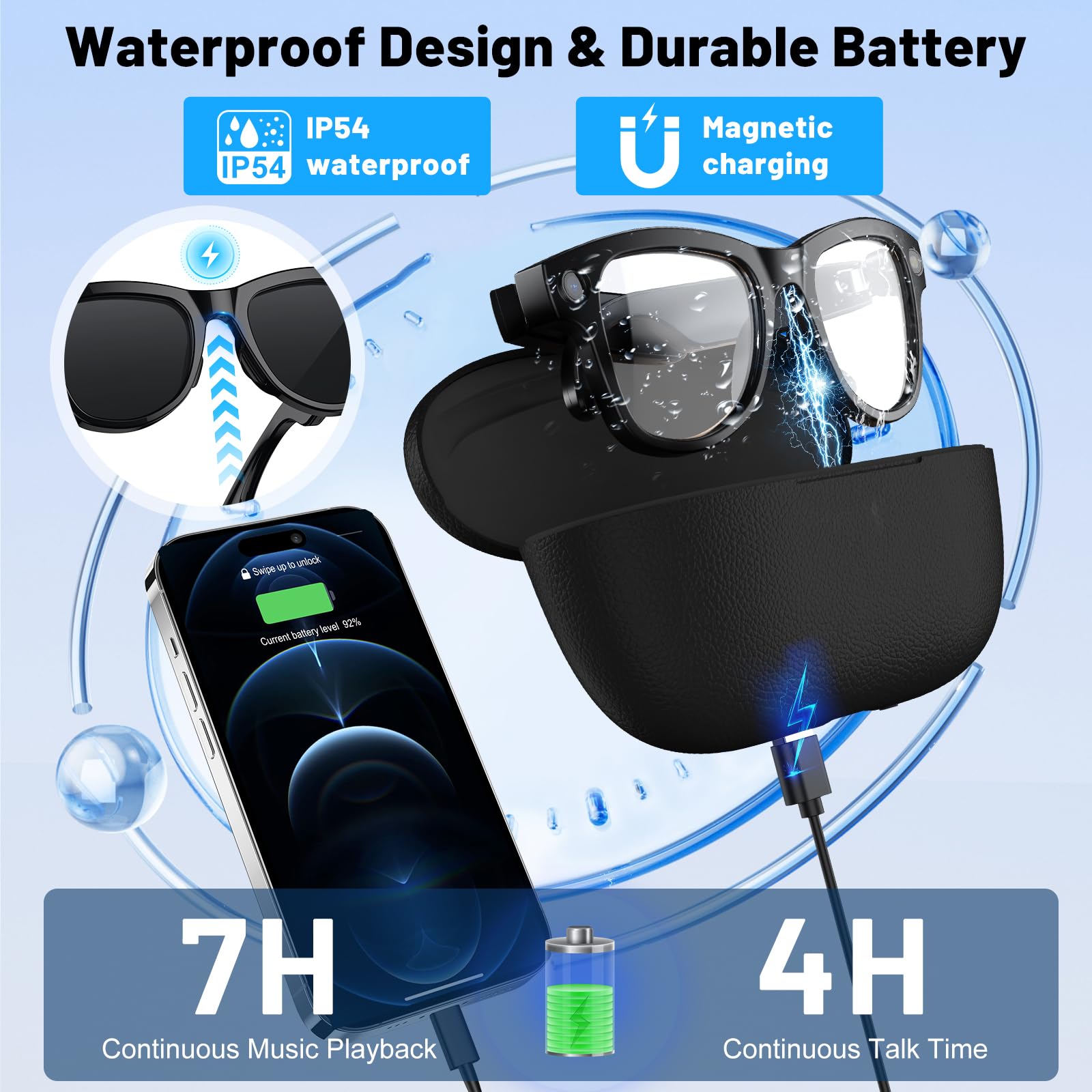 Ki Brille mit Ladecase, Smart Brille mit Kamera, 8 MP HD Kamera Brille Videobrille Bluetooth Übersetzungsbrille Intelligente Brille mit Photochromen Gläsern, Touch-Steuerung, Sprachassistent