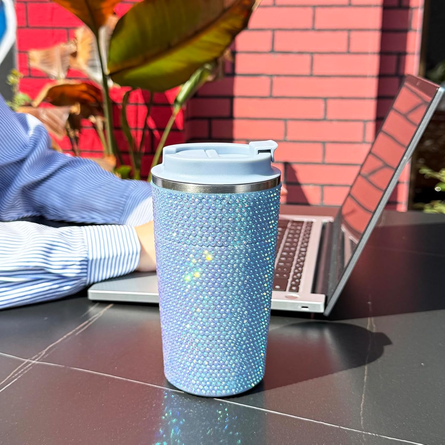 17oz Rhinestone Insulated Coffee Mug with Leak Proof Lid Stainless Steel Vacuum Bling Travel Coffee Mug Studded Diamond Sparkly Coffee Tumbler Cup Reusable Portable To Go Mugs (Aquamarine) - Image 6