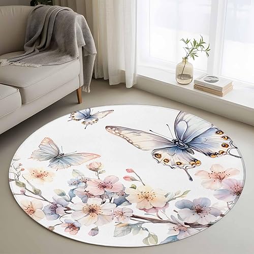 Miniatura 12 de Round Rugs 8ft, Flowers Butterfly Non-Slip Area Rugs for Living Room Bedroom Entryway, Watercolor Retro Botanical Flowers Washable Carpet Runner Rug