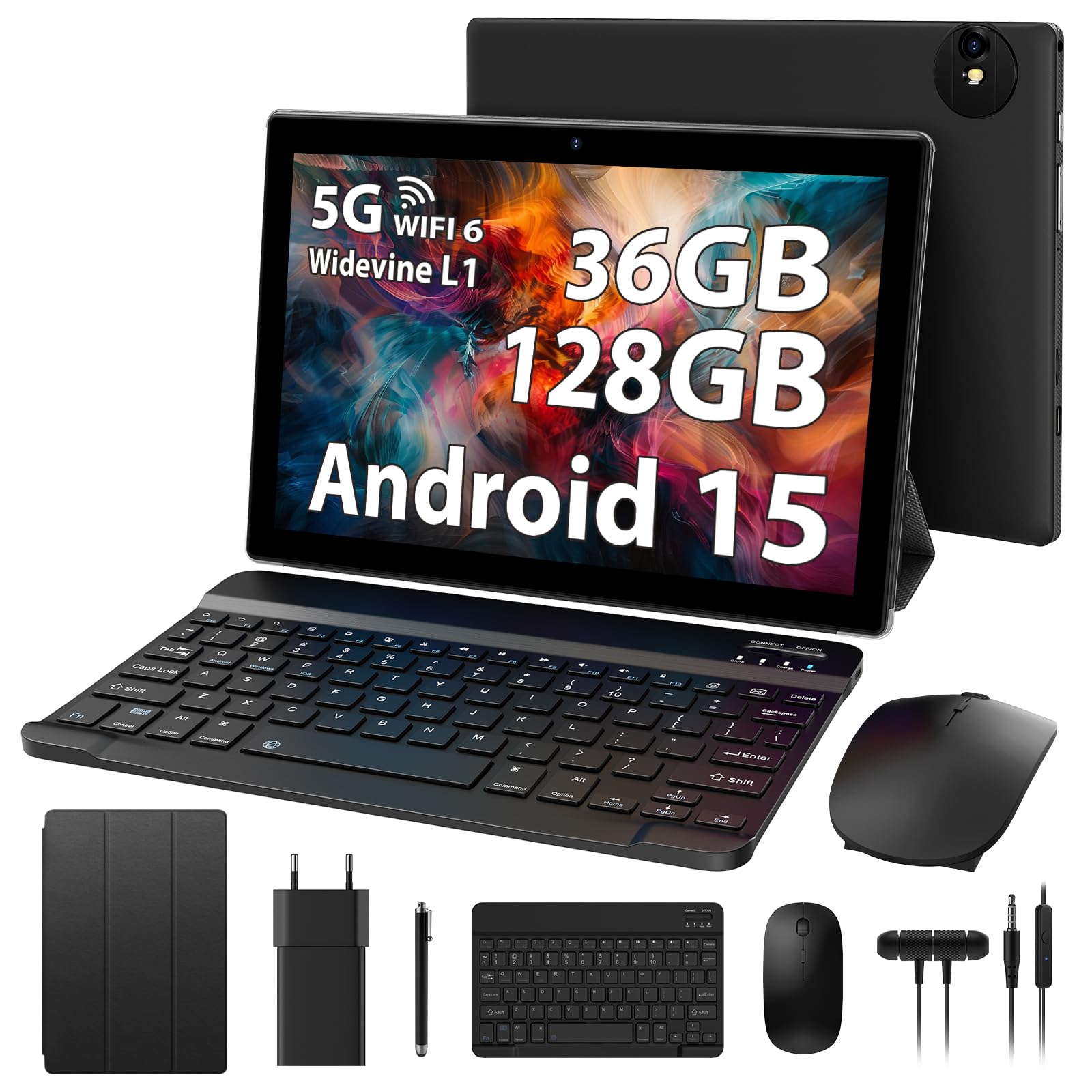 WISDTECHO Tablet Android 15 con 36GB RAM + 128GB ROM (1TB TF), Tablet 10 pollici, 5G WiFi | Octa-Core | 8000mAh | 1280 x 800 | Widevine L1 | WPS | GPS, Tablets con Tastiera, Nero
