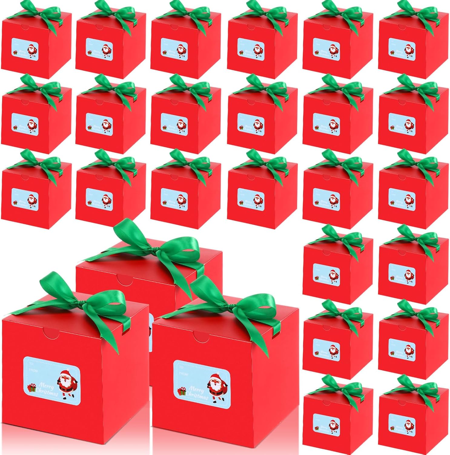 TecUnite 100 Pack Christmas Red Gift Boxes with Lids Tag,4x4x4 Inch Bulk Christmas Wrapping Boxes with Green Ribbon for Candles, Mugs, Crafting, Birthday Party