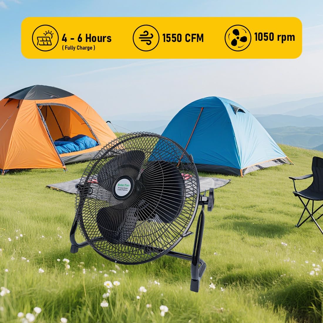 12 Inch Floor Fan with Battery, Solar Panel 15W & AC Charging 3 Speed High Velocity Fan, Long Battery Life, for Bedroom, Office, Workshops & Outdoor, with LED Light, 180°rotation - Black