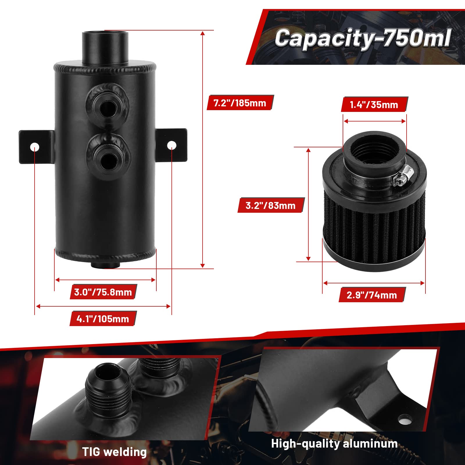 Récupérateur D'huile CENPEK 750ml - Aluminium Brossé Avec Valve De Vidange & Filtre Reniflard - Compatible PCV/CCV