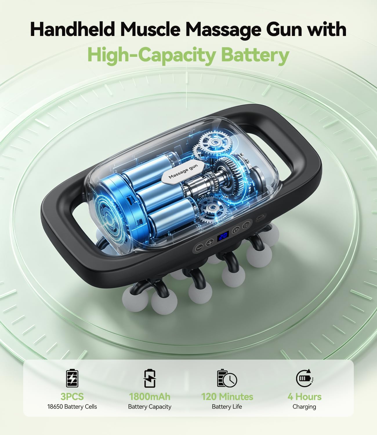Pistola de Masaje Muscular 20 Cabezales, Masajeador Eléctrico 30 Niveles y 3 Modos, 1800mAh, Alivio del Dolor Muscular, Masajeador Muscular para Espalda, Hombros y Piernas
