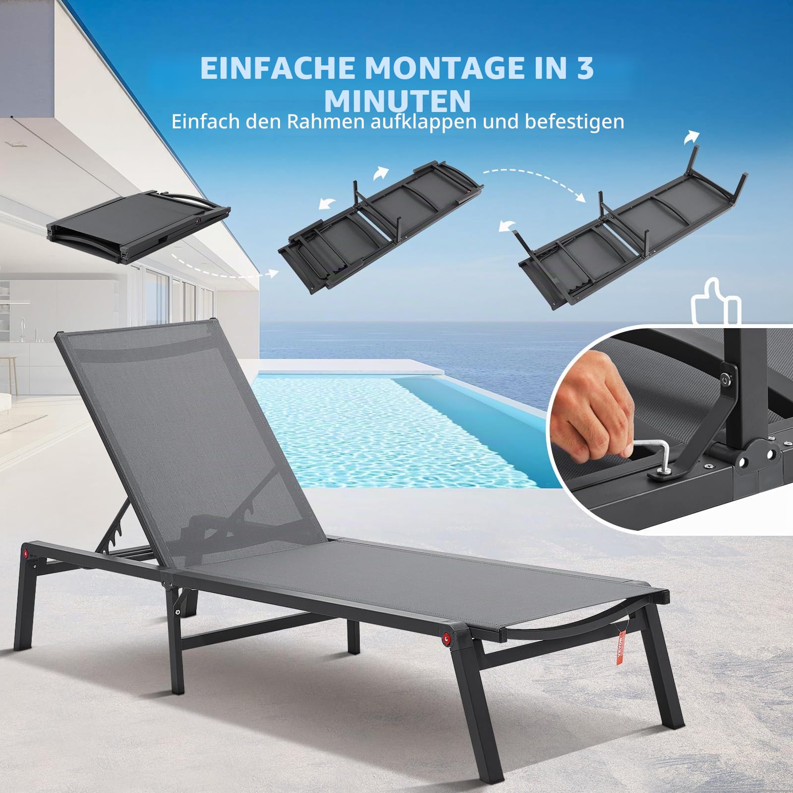 VEVOR Sonnenliege klappbar, 182x60x88cm Alu-Liegestühle mit 5 verstellbaren Positionen, Strandliege, Liegestühle, Gartenliege Relaxliege, Liege für Terrasse, Strand, Pool, Dunkelgrau, 2 Stück