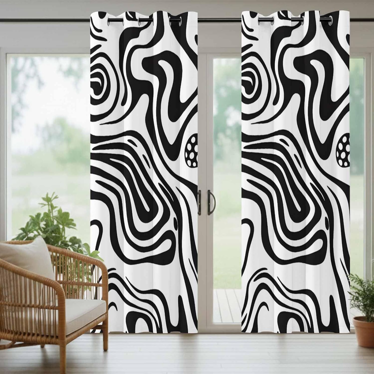 Outdoor Curtains for Patio Waterproof Weatherproof Black White Abstract Porch Curtains for Outside Blackout Farmhouse Modern Art Wave Grommet Drapes for Pergola Gazebo Cabana, 2 Panels,54W"x95"L