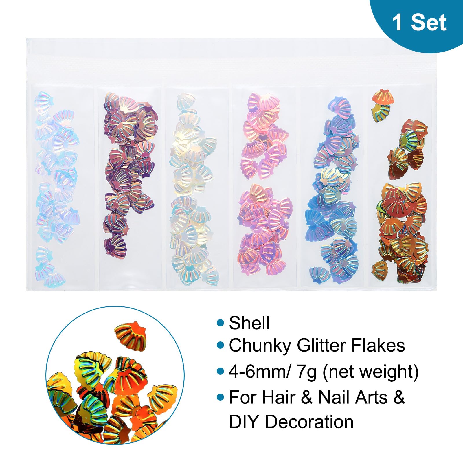 uxcell Holographic Chunky Glitters, 6 Colors Chunky Glitters Resin Epoxy Accessories Crafts Sequins Decor, Shell Chunky Glitters Flakes for Hair Nail Art, Sparkle at Party/Festival