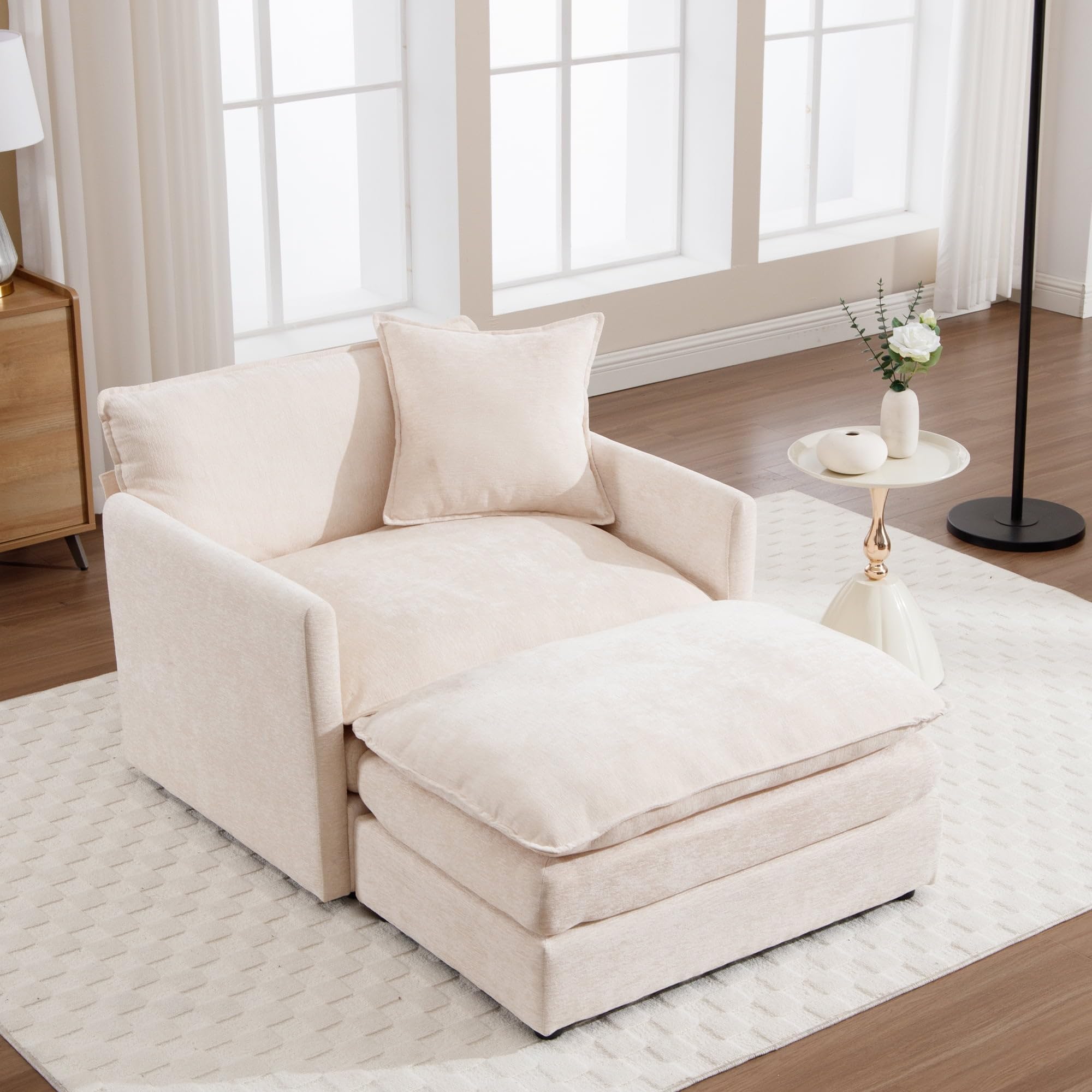 Oversized Accent Chair with Ottoman, Beige Chenille Modern Cloud Chaise Lounge Chair Indoor with Deep Seat, Upholstered Comfy Armchair Reading Chair