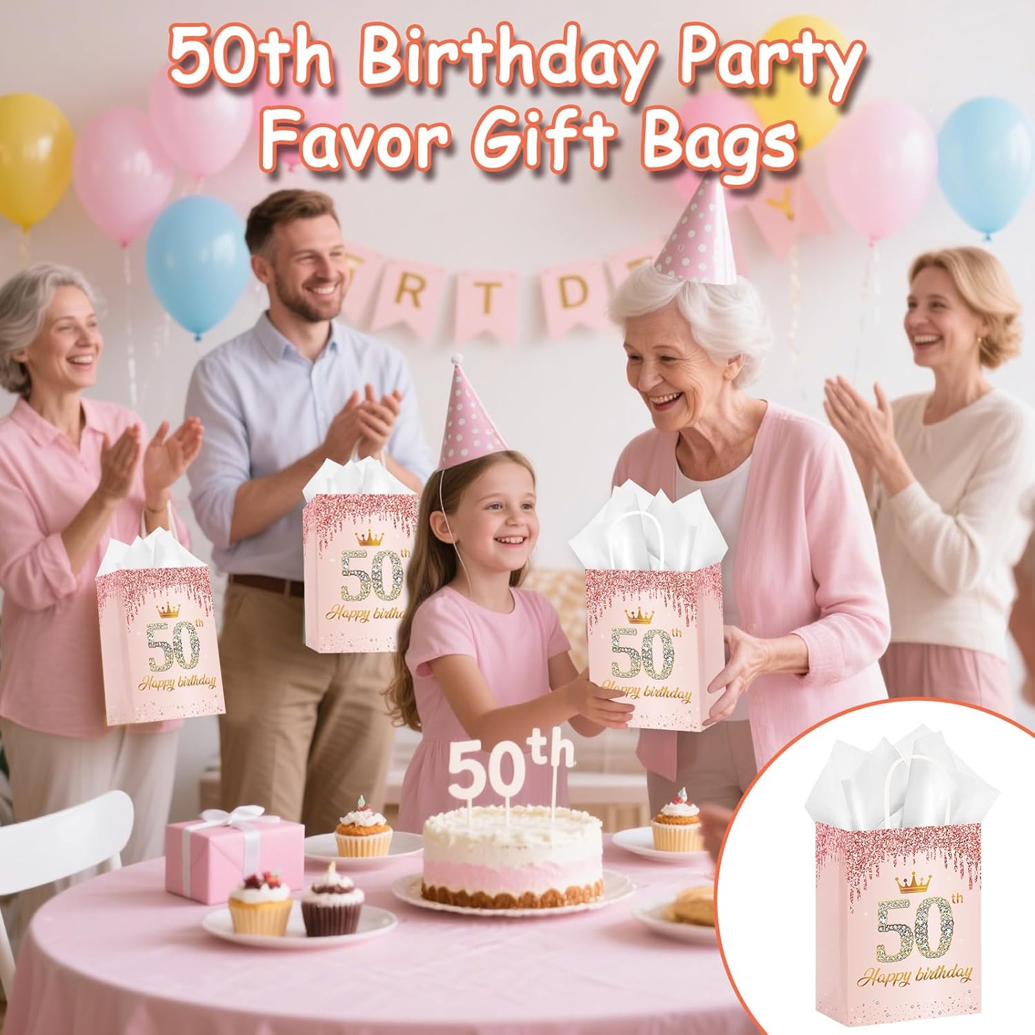 50Pcs 50th Birthday Party Favors Gift Bags Bulk Rose Gold Happy 50th Candy Wrap Bags with Tissue Paper Birthday Souvenir Bags for Guests Men Women Party Celebration Decorations Supplies (50th)