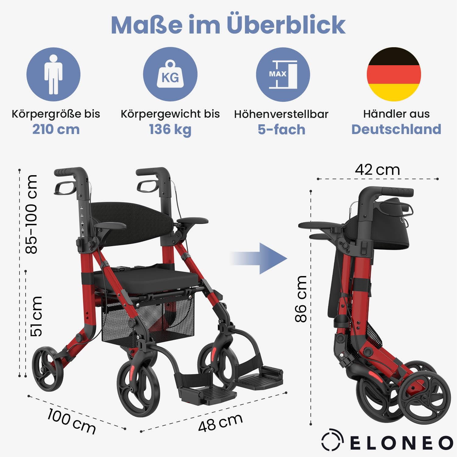 ELONEO 2 in 1 Rollstuhl Rollator faltbar und leicht mit Sitz, Outdoor Rollator Rollstuhl faltbar leicht für alle Gelände, Aluminium Gehhilfe für Senioren mit Netztasche, Transport-Rollstuhl, rot
