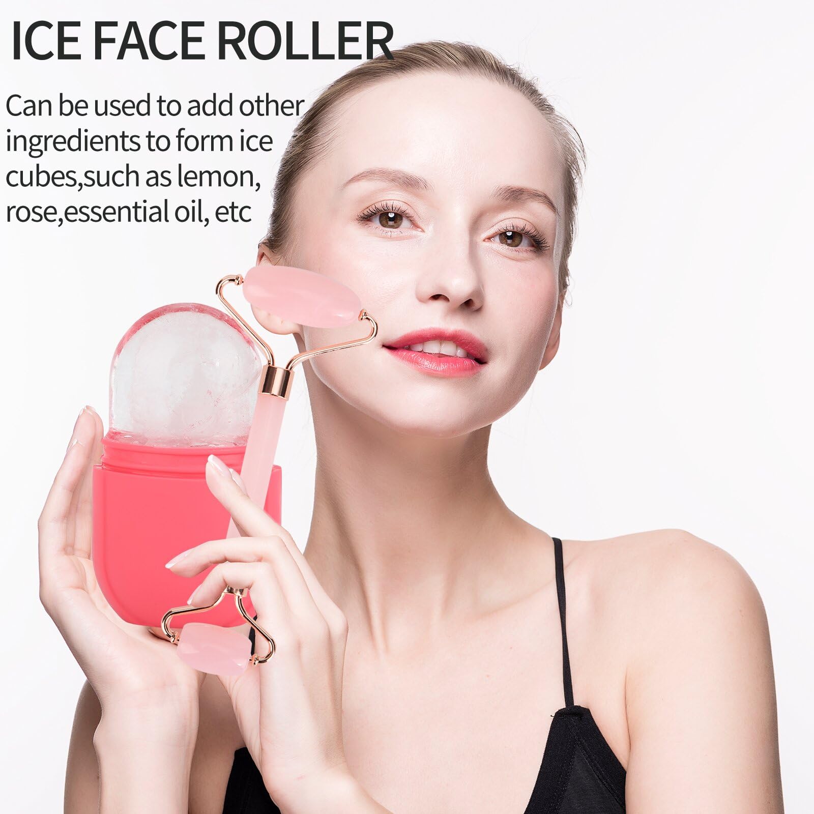 Ice Face Roller Jade Roller y Gua Sha, rodillo de hielo para rostro y ojos, herramientas de cuidado de la piel de belleza facial para iluminar la piel y quitar líneas finas (Ovalado, juego rosa)