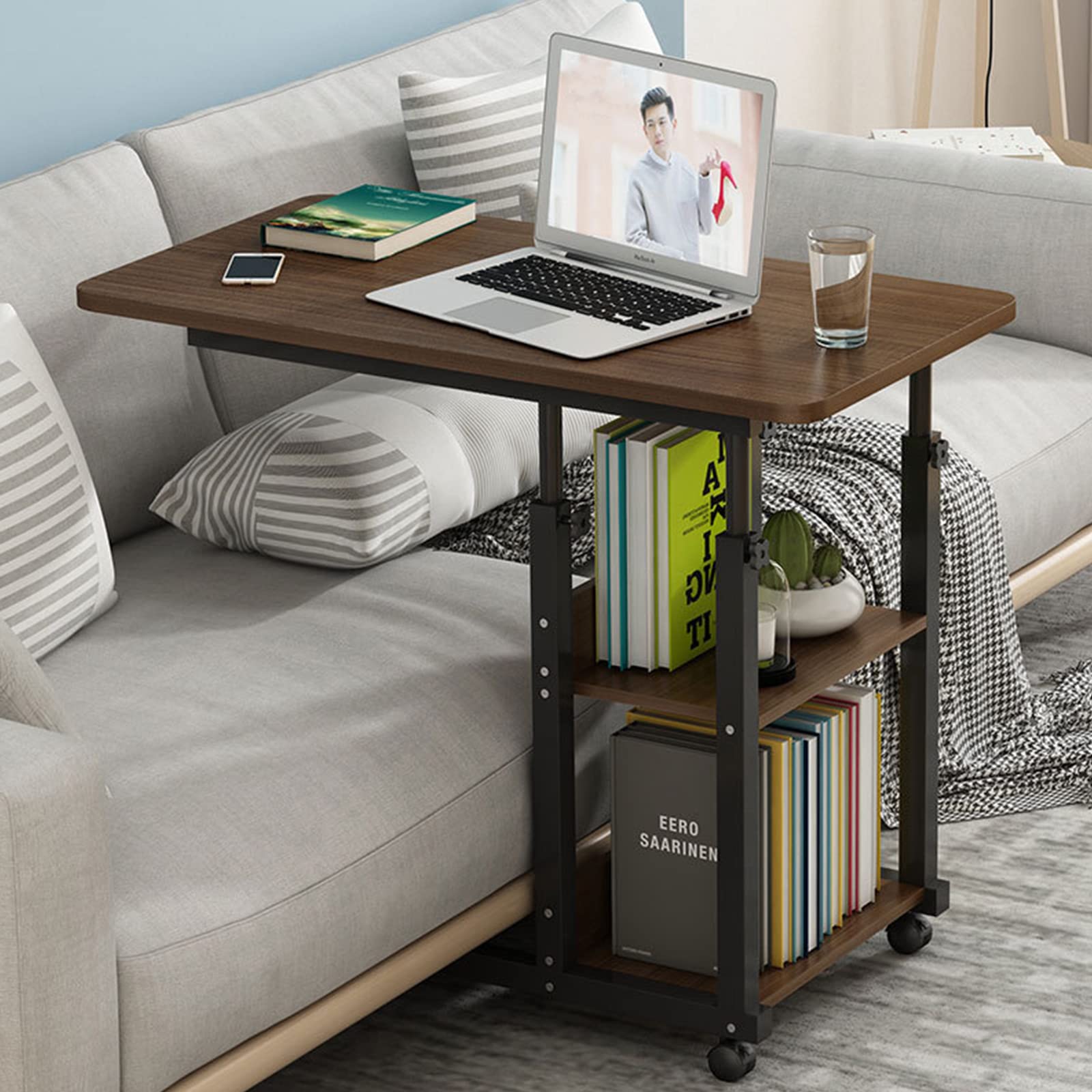 Escritorio de cama, mesa de cama, mesa de sofá, mesa de cama de hospital, escritorio regulable en altura, equipado con dos estantes de almacenamiento, equipado con ruedas, adecuado para el