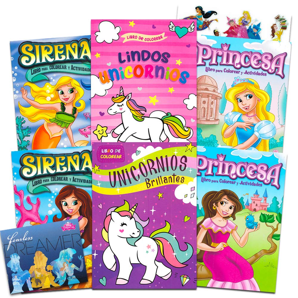 Coloring Books for Kids Spanish Princess, Unicorn, and Mermaids 6 Pc Coloring Book Set with Bonus Princess Stickers