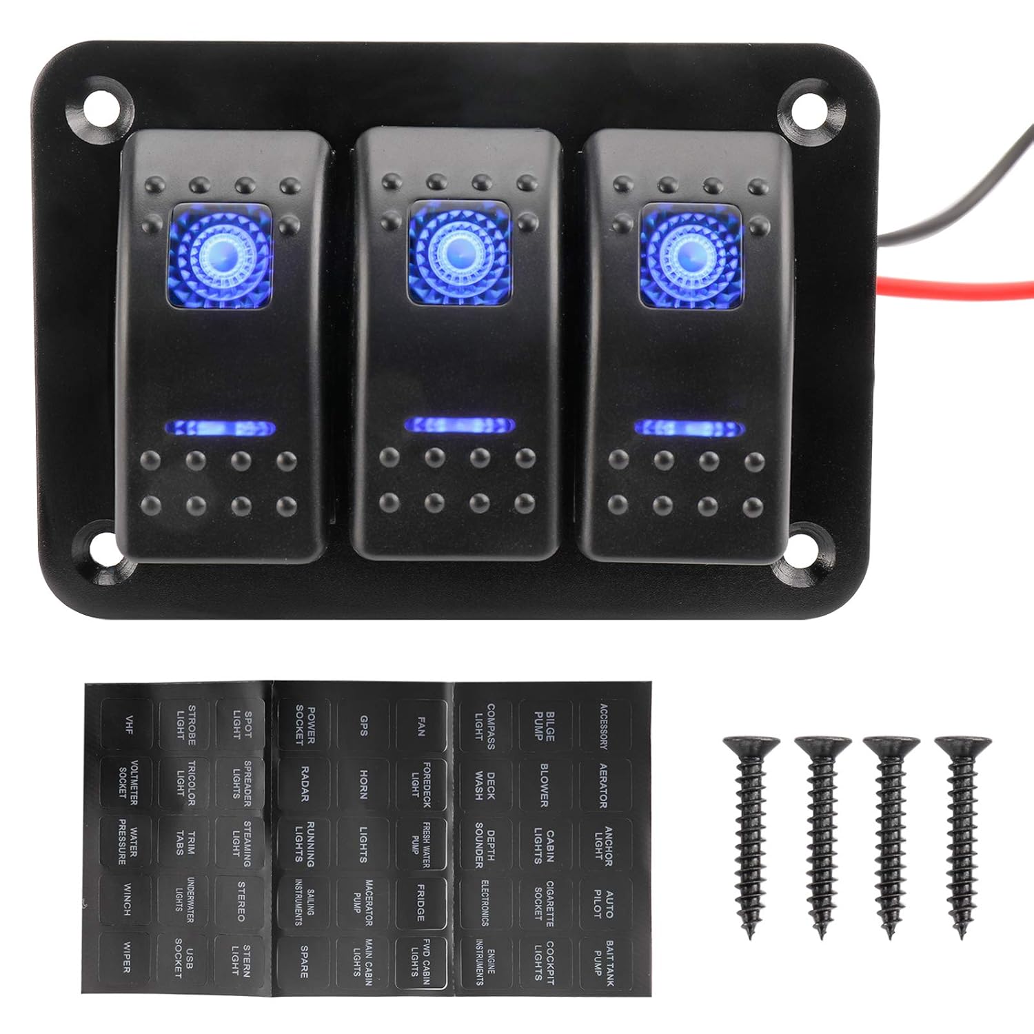 Amarine Made 12-24V Boat Switch Panel Illuminated Rocker Switch Aluminum Pre-wired Panel 2,3,4,5,6,8 Gang Toggle Switches Dash 5 Pin ON/Off 2 LED Backlit for Bus Boat Car Marine Blue LED IP65 (3 Gang)