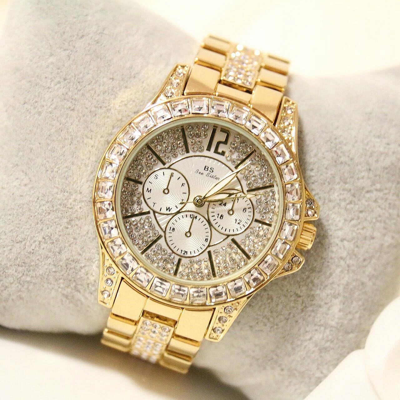 FANMIS Luxury Unisex Pave Floating Crystal Diamonds Calendar Analog Quartz Watch Luminous Pointer with Stainless Steel Link Bracelet