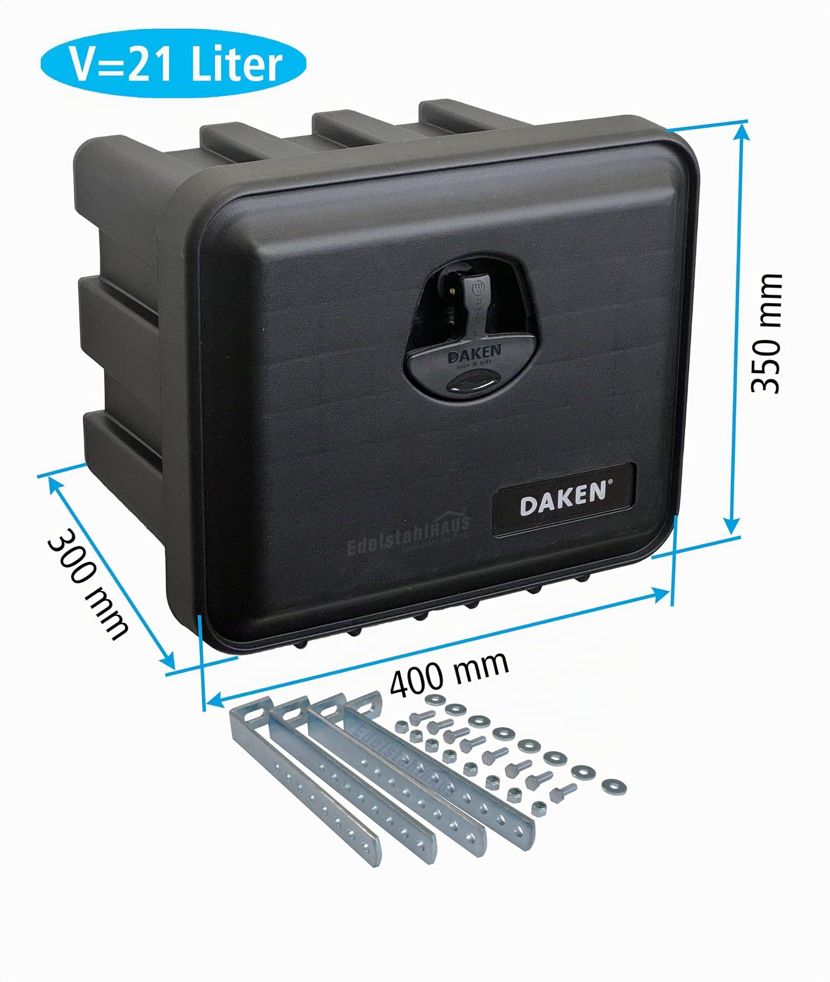 Daken J021 + inkl. Vertikaler Halter VH401, Werkzeugkasten, Stauboxen, Staukasten LKW, Unterflurbox, 400 x 350 x300 mm, ca. 21 Liter