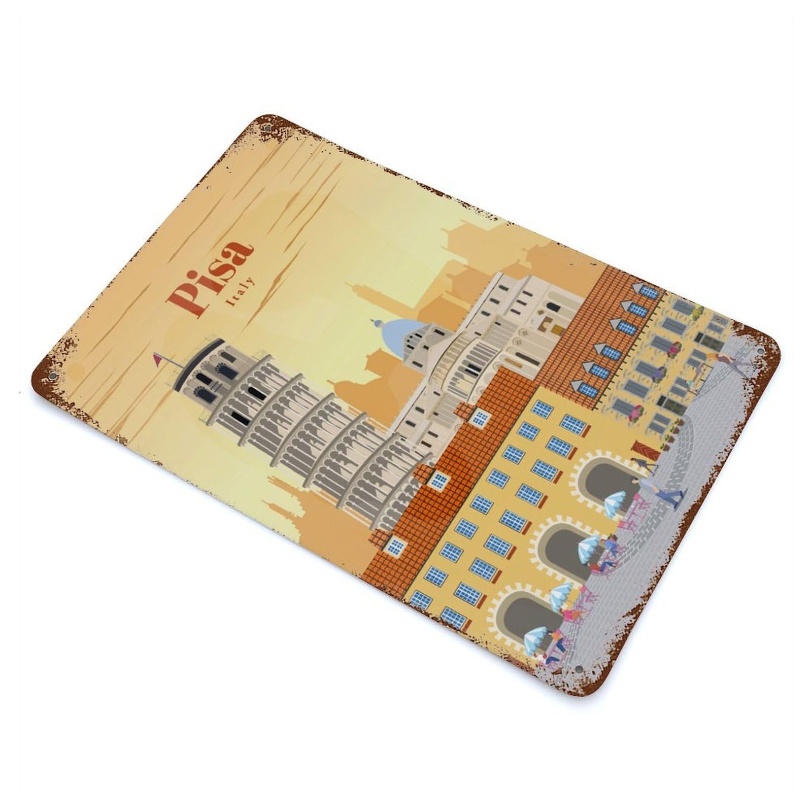 Rust Effect Travel to Pisa Weathered Tin Sign 11.8"x7.9", Retro Wall Decor for Garage, Bar And Workshop Decor