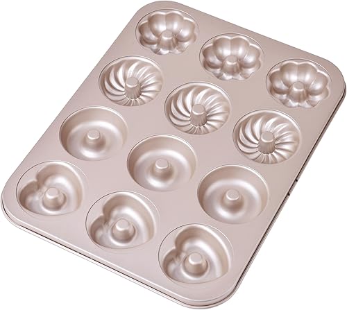 Molde de donas para tartas, 12 cavidades antiadherentes para hornear en horno (oro champán)
