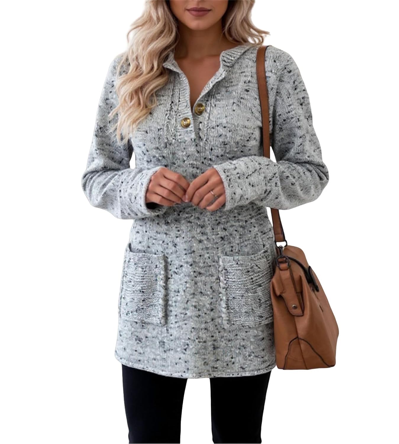 Womens Fall Winter Sweater Mini Dress Long Sleeve Button Crew Neck Casual Knit Pullover Dresses with Pocket Gray