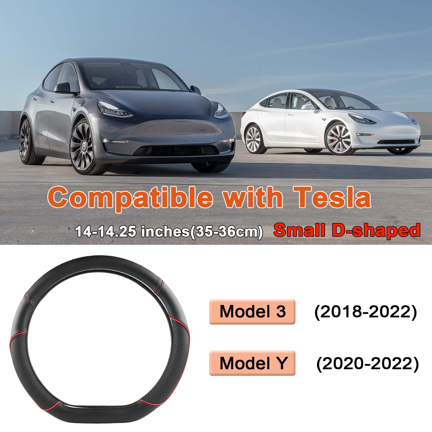 GIANT PANDA Housse de Volant en Cuir PU Compatible avec Tesla Model 3 / Tesla Model Y,Volants Forme D - Noir + Rouge