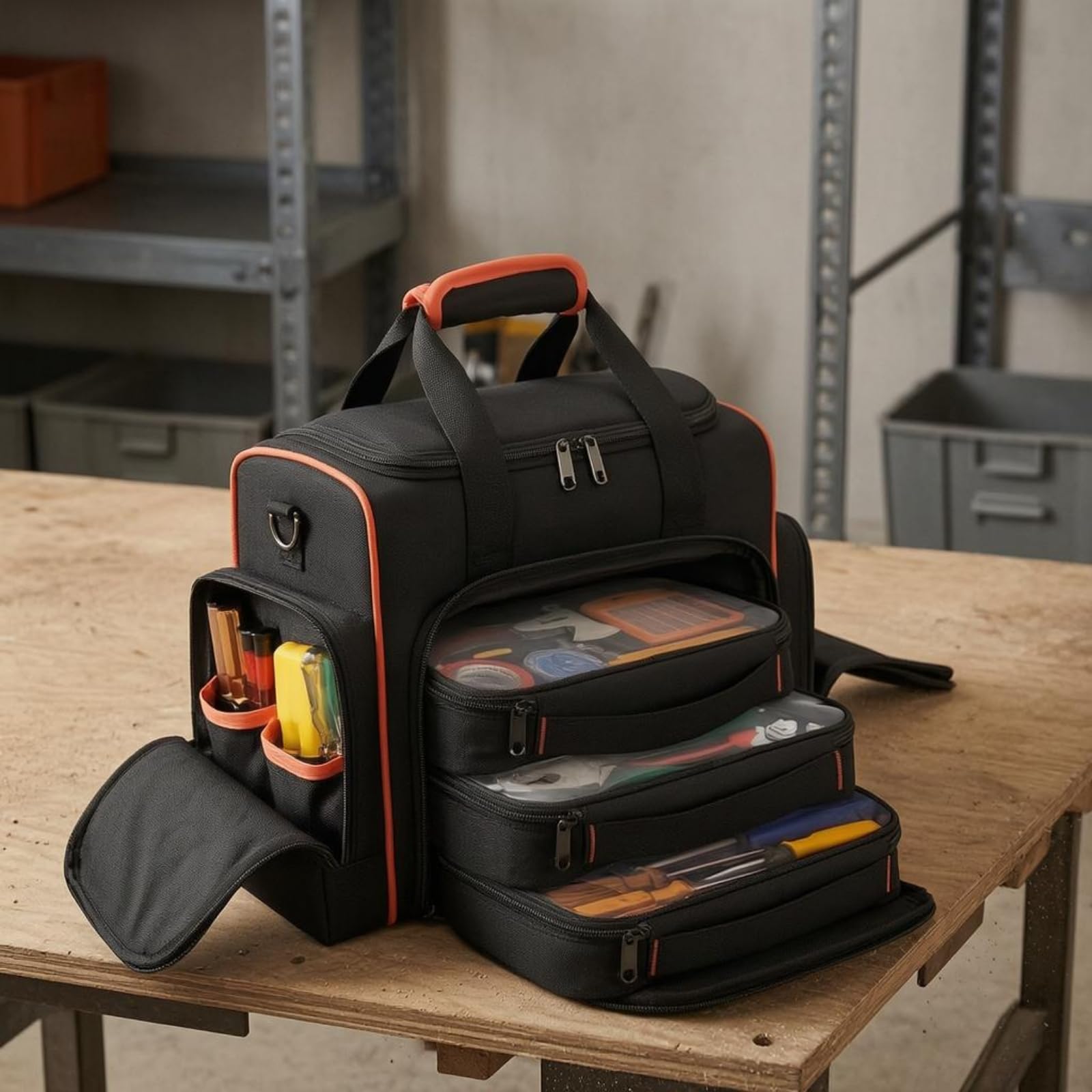 Bolsa Herramientas Electricista Ribete Naranja Bolso Portátil Negro para Electricistas