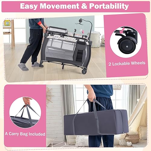 Miniatura 6 de HONEY JOY Pack and Play, corralito portátil 3 en 1 con moisés, cambiador, ruedas bloqueables, caja de música, centro de guardería plegable para cuna