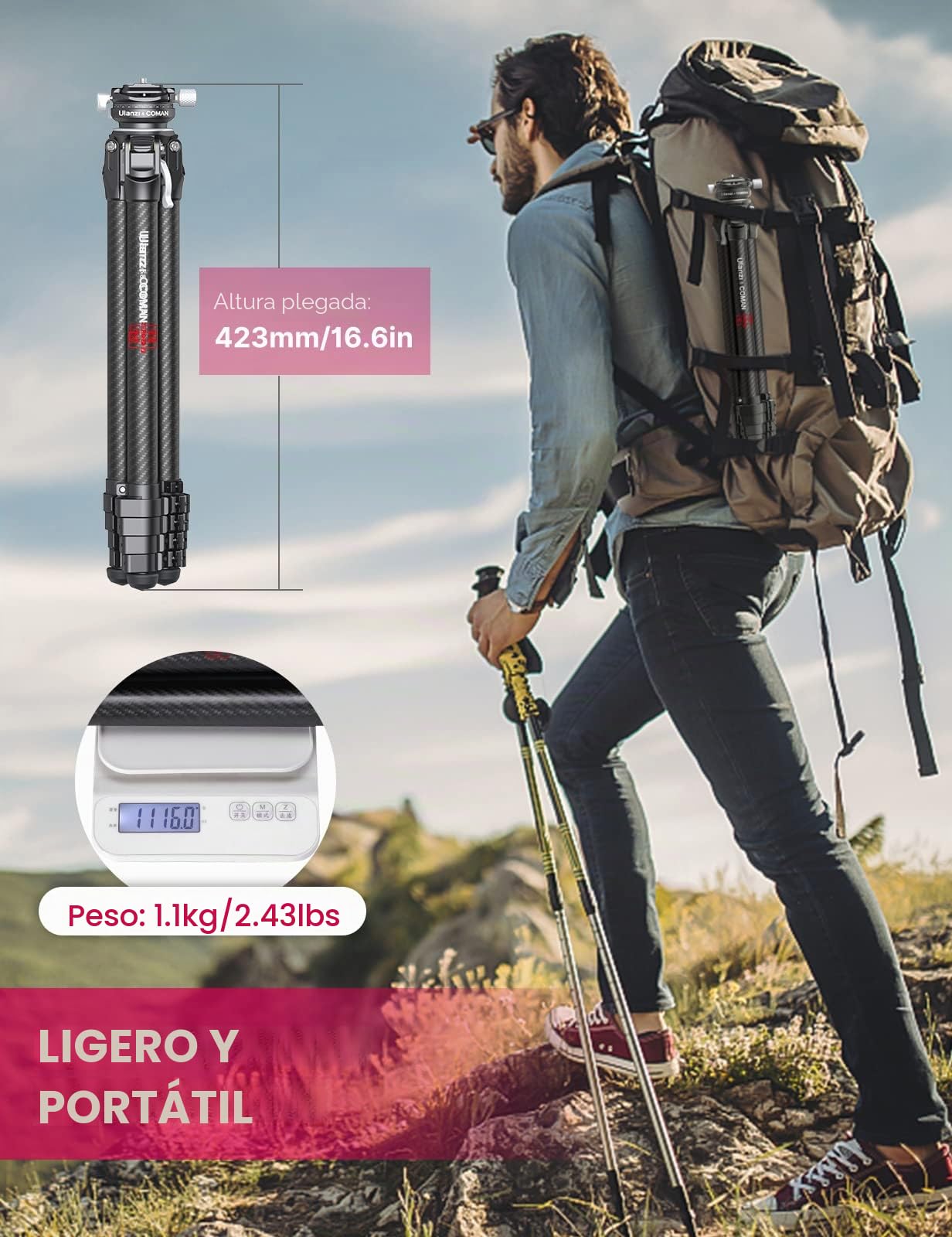 ULANZI Trípode de Viaje Zero Y, trípode de cámara de Carbono con Cabeza de Bola panorámica de 360° y arrendamiento rápido Arca, trípode de fotografía con Columna Central Desmontable, Capacidad de