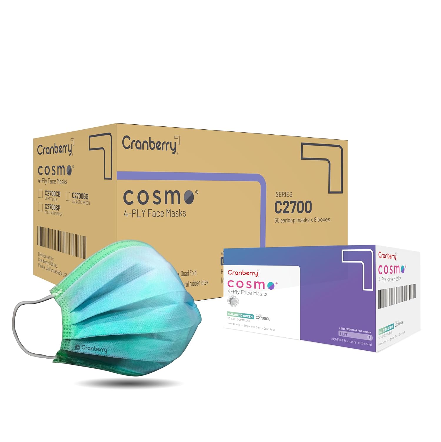 Cranberry USA Cosmo Green Face Masks, Disposable, 4-ply, Elastic Earloops, Medical & Dental, Level 3, C2700GGcase (Pack of 400)