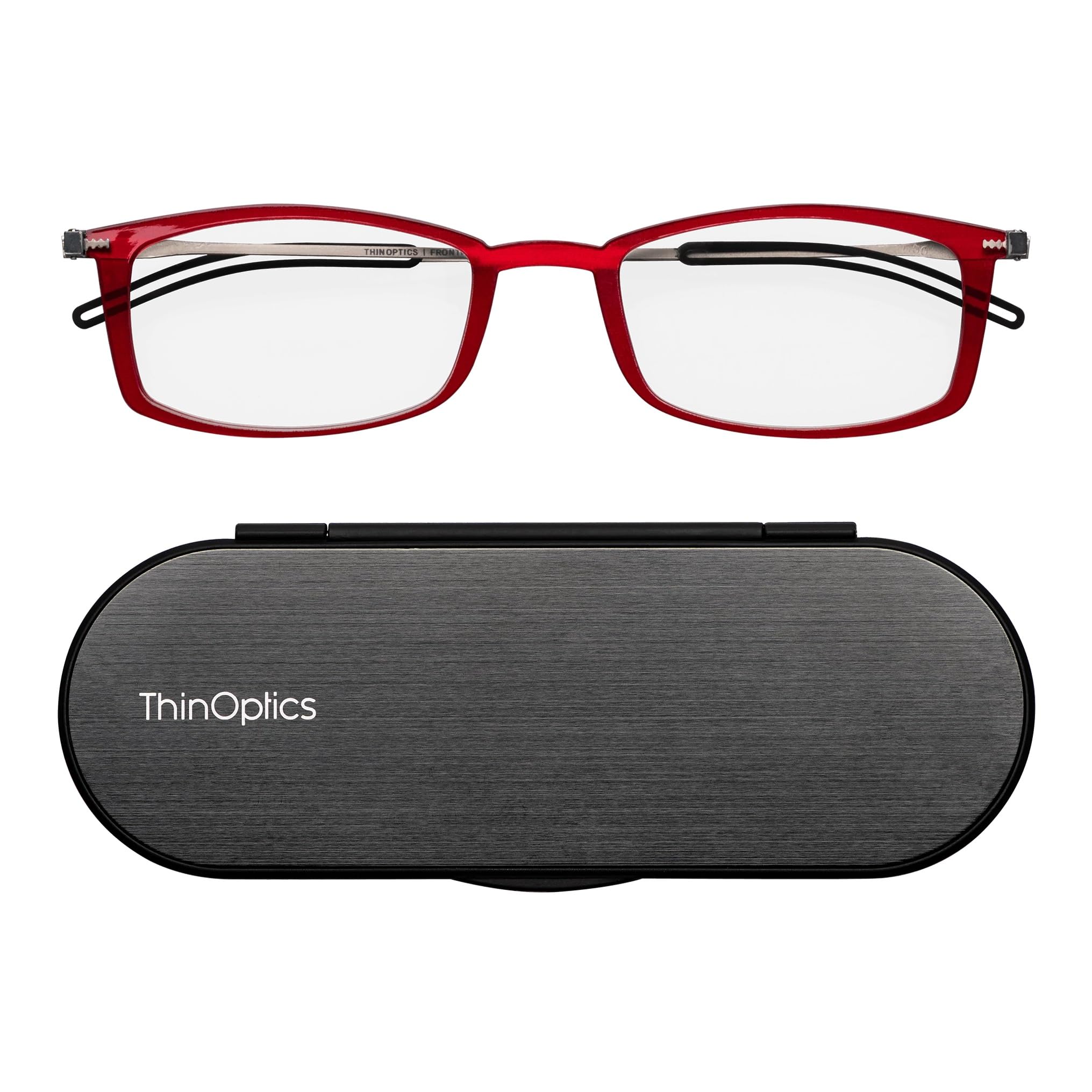 ThinOptics Reading Glasses 1.0 1.5 2.0 2.5 with Slim 4mm Magnetic Case - Ultra Light Spectacles with Rectangular Frame - Stylish Readers for Men & Women – Thin Design with Brushed Aluminium Case