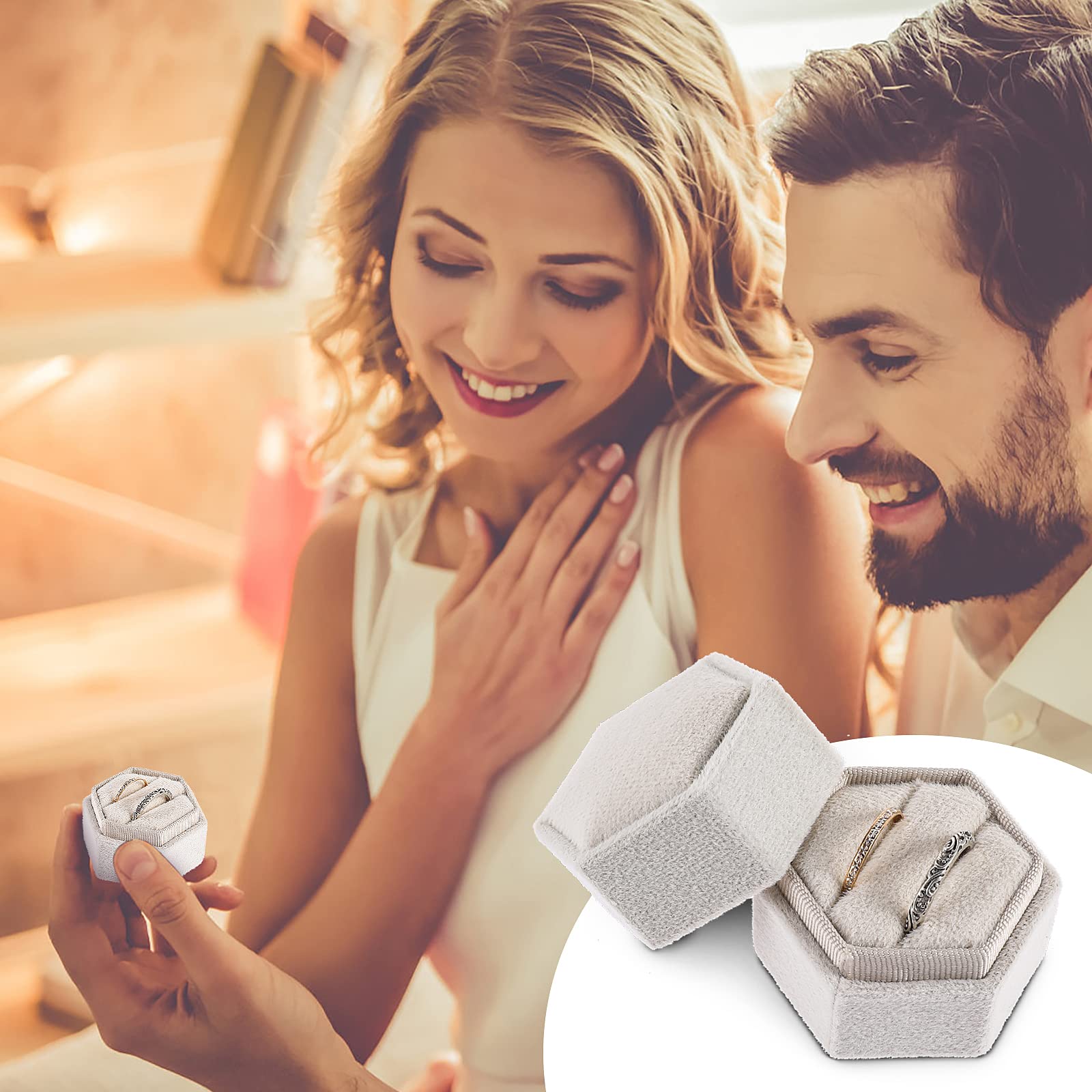 Scatola Per Anelli In Velluto Esagonale - 2 Scomparti, 5,5x5x4,5 Cm, Per Proposte, Matrimoni, Regalo Elegante (nero)