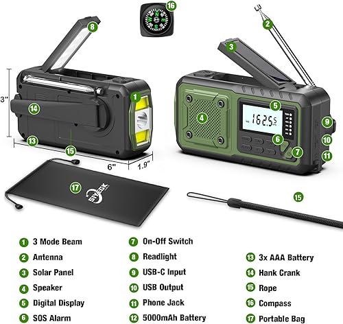 Miniatura 8 de SIYEGK Radio de manivela de emergencia de 5000 mAh, ideas de regalos para hombres, papá, marido, NOAA AM FM, batería solar portátil, radio de alerta