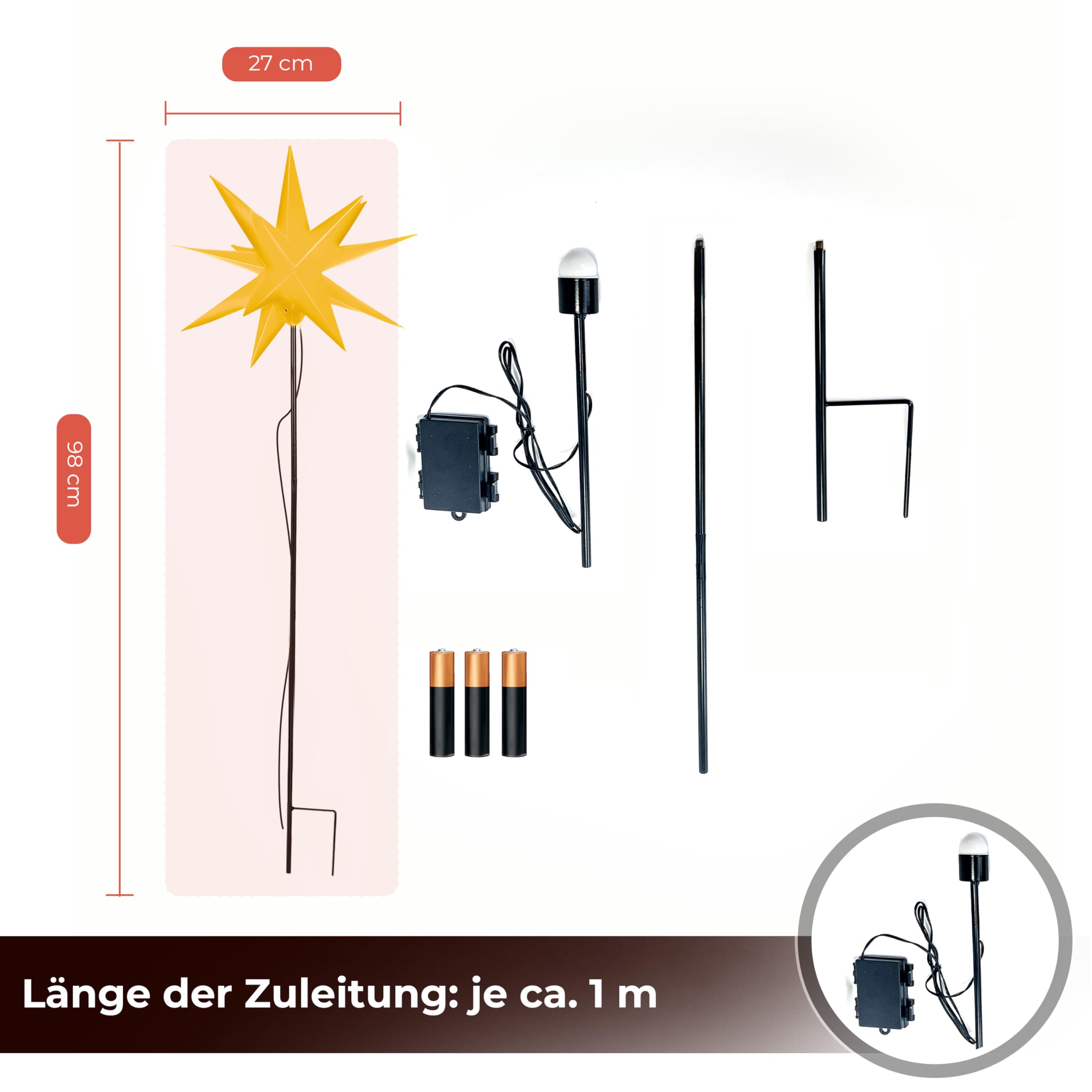 Leuchtstern 3D mit LED Beleuchtung | 3er Set mit Erdspieß | gelb | Ø 27 cm | 3D Stern mit 15 Spitzen | wetterfest | Garten Deko, Weihnachtsdeko | Weihnachtsstern | mit Timer | batteriebetrieben