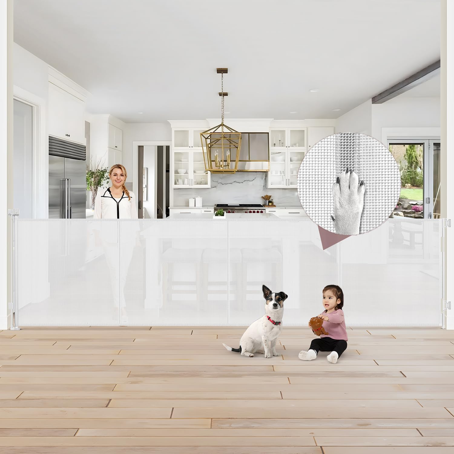 Reinforced 41" Tall Pet Gate 150" Extra Wide Retractable Dog Gate with Support Rods, Indoor Extra Long Baby Gates for Large Openings Outdoor