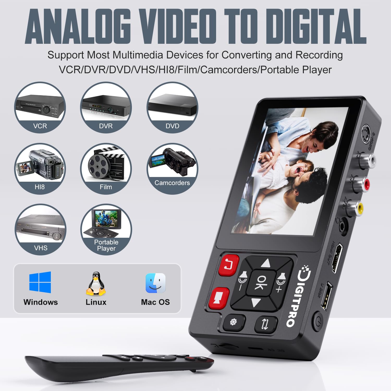 Convertitore da VHS a digitale, Registratore Video VHS Digital Recorder con Remote, Converte le Registrazioni da VHS, VCR, DVR, DVD, Hi8, Mini DV, Videocamera in Digitale