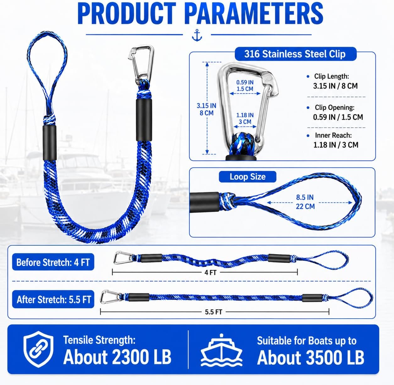 4 FT Bungee Dock Lines 2 Pack, Blue Boat Docking Ropes with 316 Stainless Steel Clips, Stretch Mooring Lines for Boats, Pontoon, Kayak (Blue (4FT, 2-Pack))