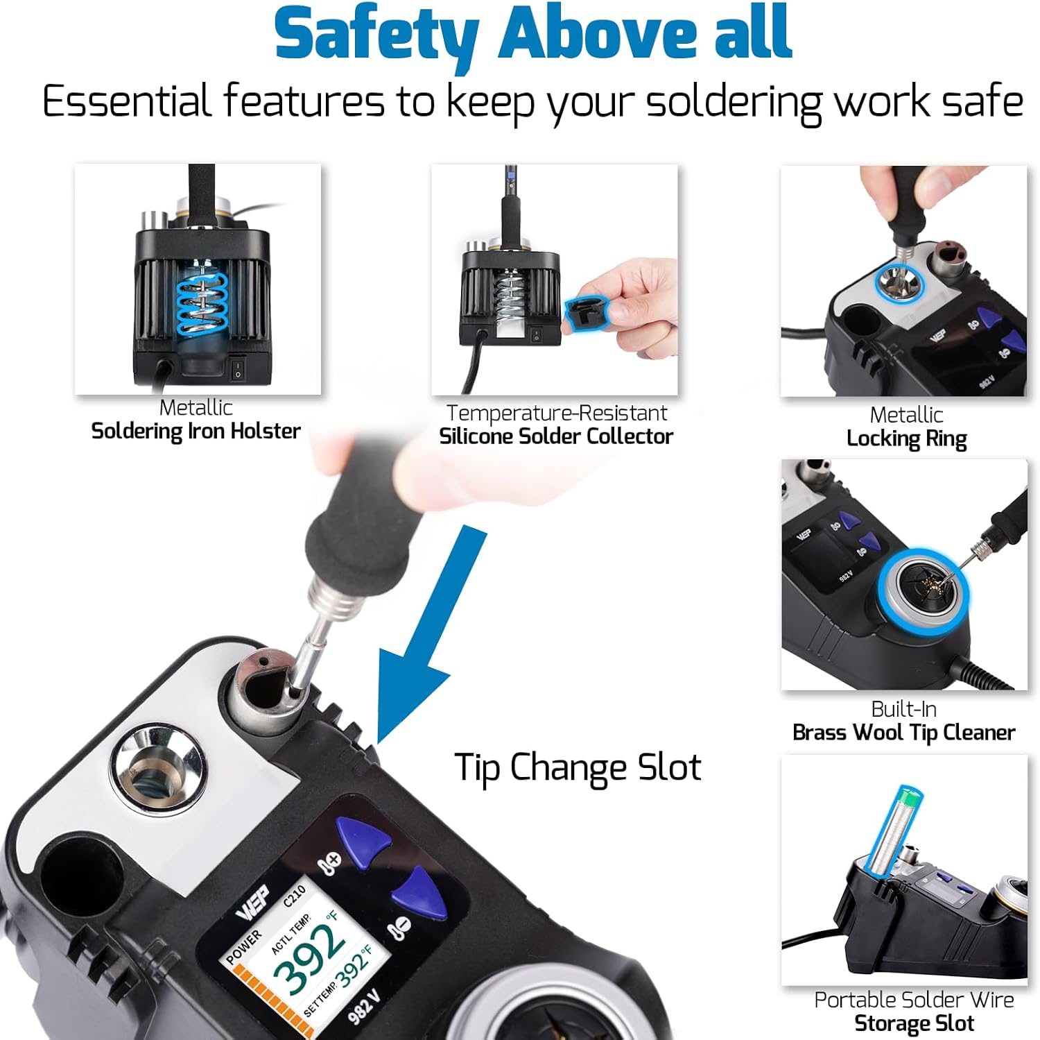 Various safety and convenience features of the WEP 982-V station, including metallic holster, silicone collector, locking ring, brass wool cleaner, and tip change slot.