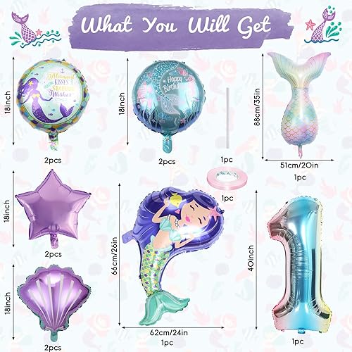 Miniatura 2 de Decoraciones de sirena para primer cumpleaños, decoración de primer cumpleaños de sirena para niño de 1 año con cola de sirena, globo de concha de