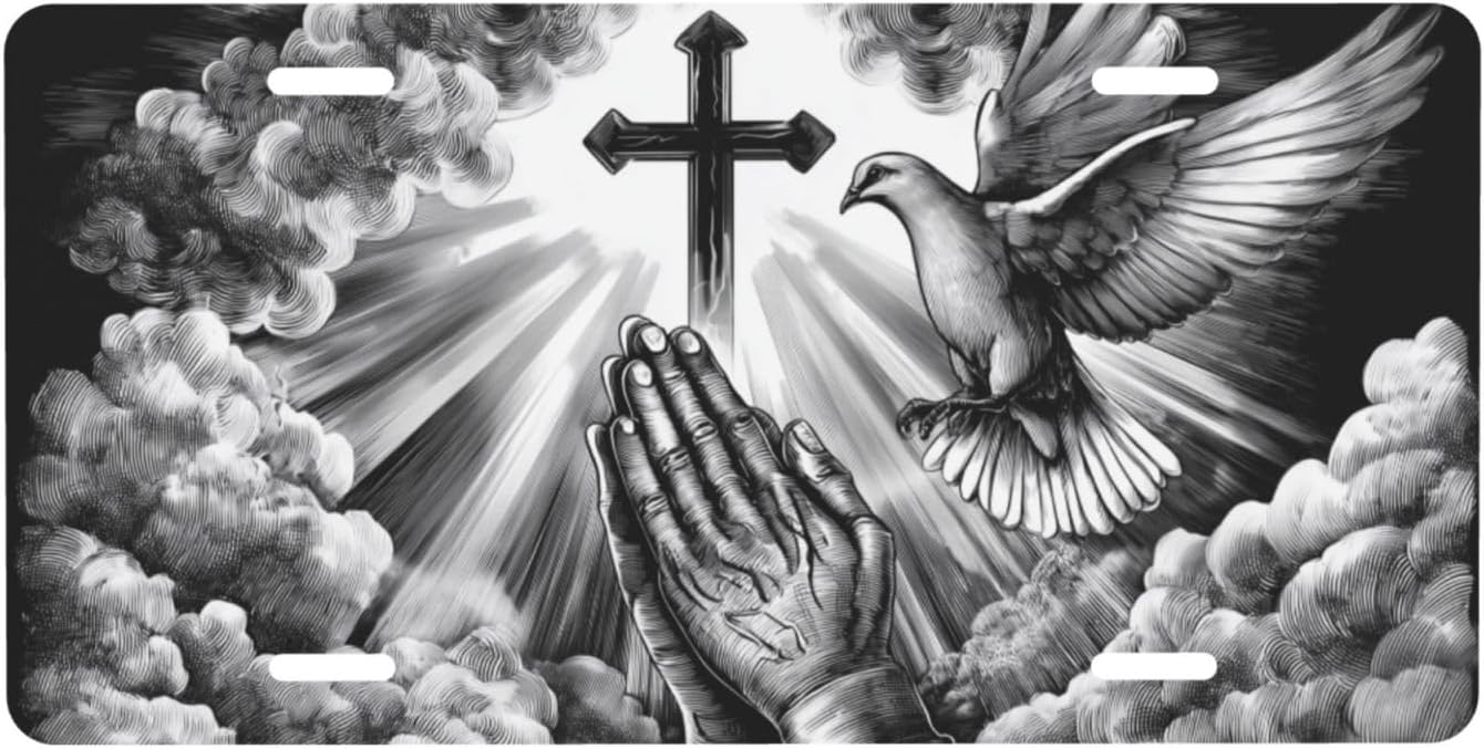 Christian Jesus God Pray Hands Front License Plate Cover,Funny Aluminum Metal Car Accessory Rust-Proof US Novelty Vanity Tag Decor for Men & Women with 4 Holes 6 * 12 in Car Decor Accessory