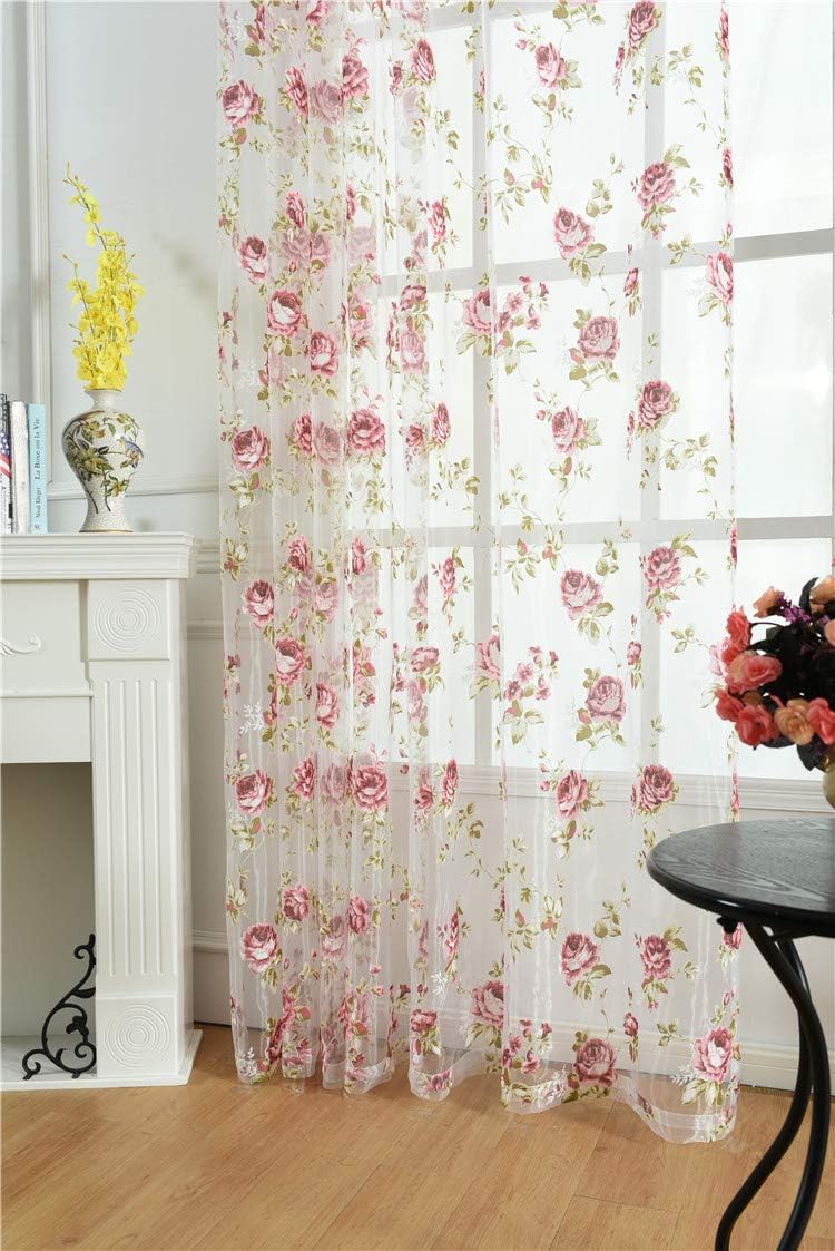 Rod Pocket Top Rose Floral Sheer Voile Curtain, Pink Flower Tulle Transparent Window Treatment for Living Room Bedroom Glass Door, 54 by 63 Inch Each, 1 Set of 2 Panels
