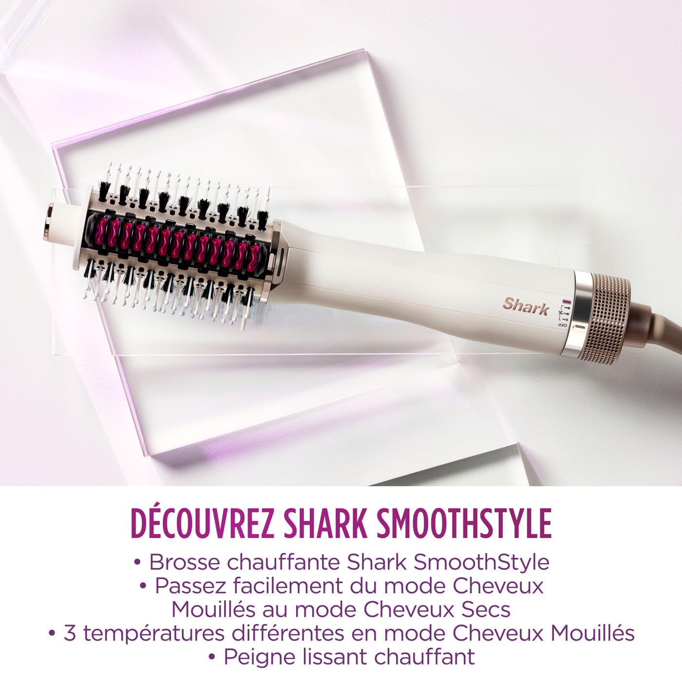 Shark SmoothStyle Peigne et brosse chauffants avec 3 températures, modes cheveux secs et cheveux mouillés, brosse lissante chauffante, volume et douceur, tous types de cheveux, soie, HT202EU