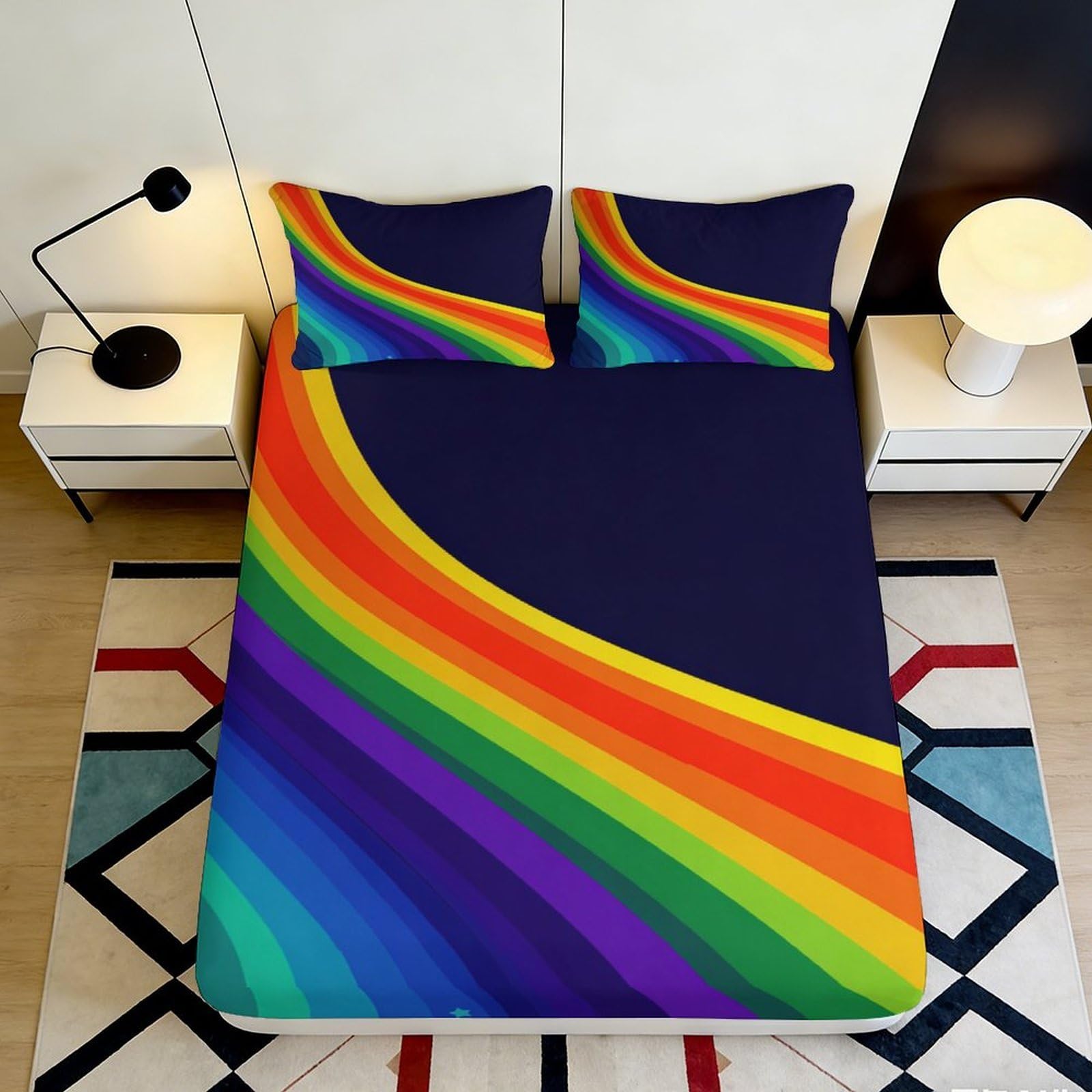3D Printed Rainbow Wave Fitted Sheet Microfiber Soft Colorful Arc Mattress Cover for Bedroom Guest Room Decor 120x200x25cm