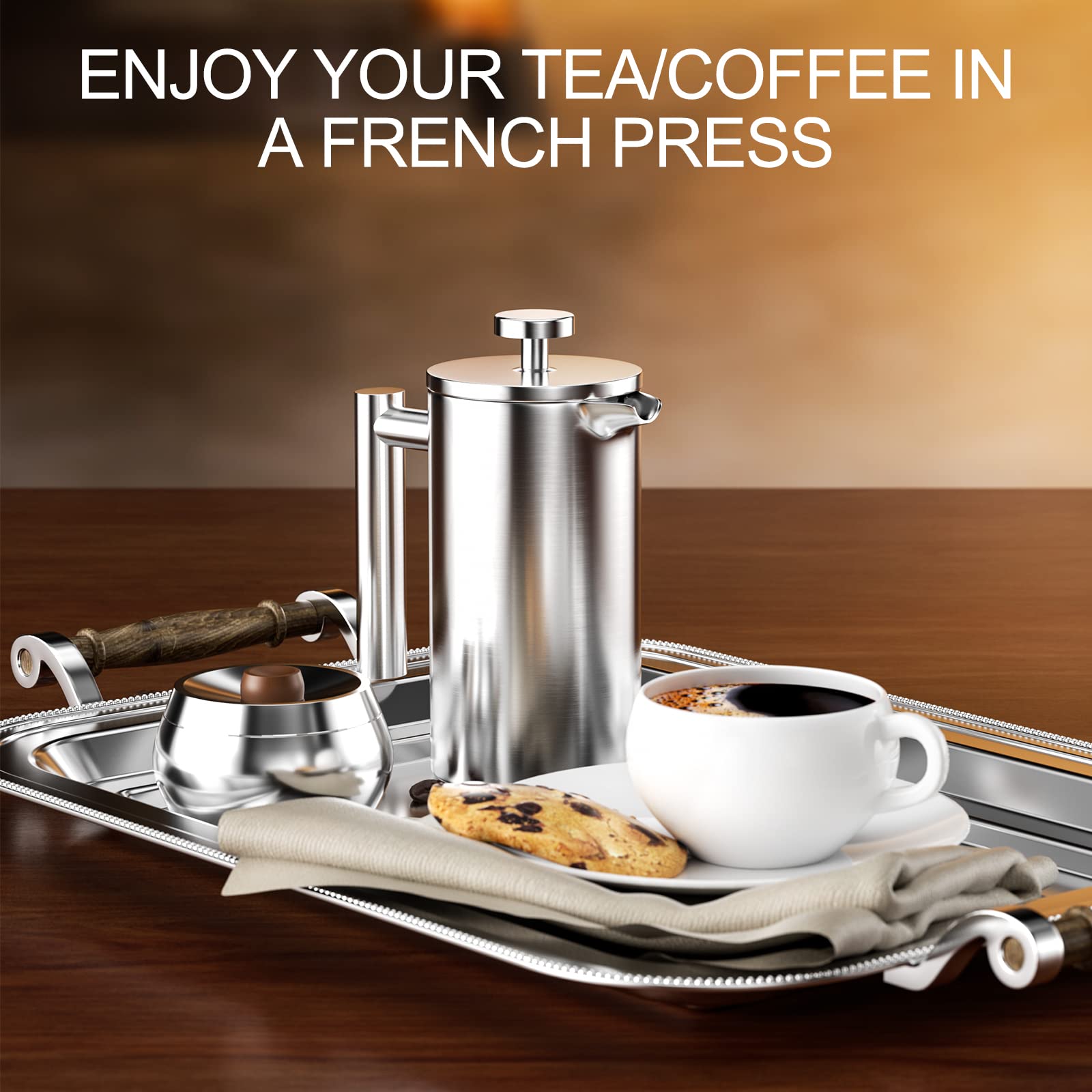 Uootach Caffettiera in acciaio inox con triplo filtro francese, 1000 ml, ideale per casa, viaggi, campeggio (argento)