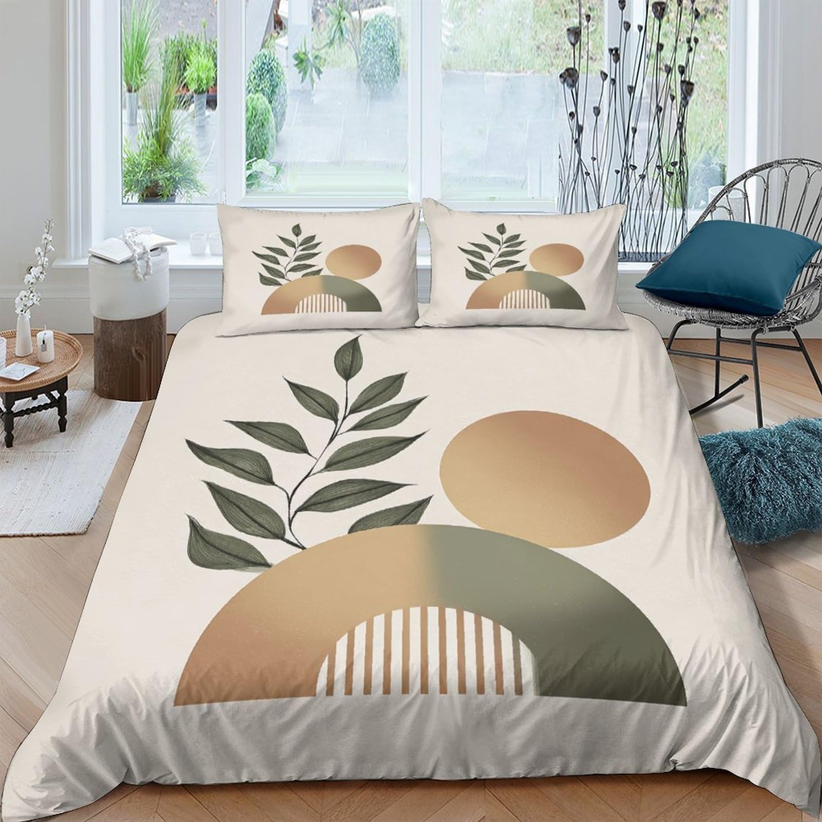 GPLZQXKJNH 3D Printed Abstract Leaf Duvet Cover Set Microfiber Beige Green Geometric Bedding with 2 Pillowcases for Bedroom Decor Single（135x200cm）