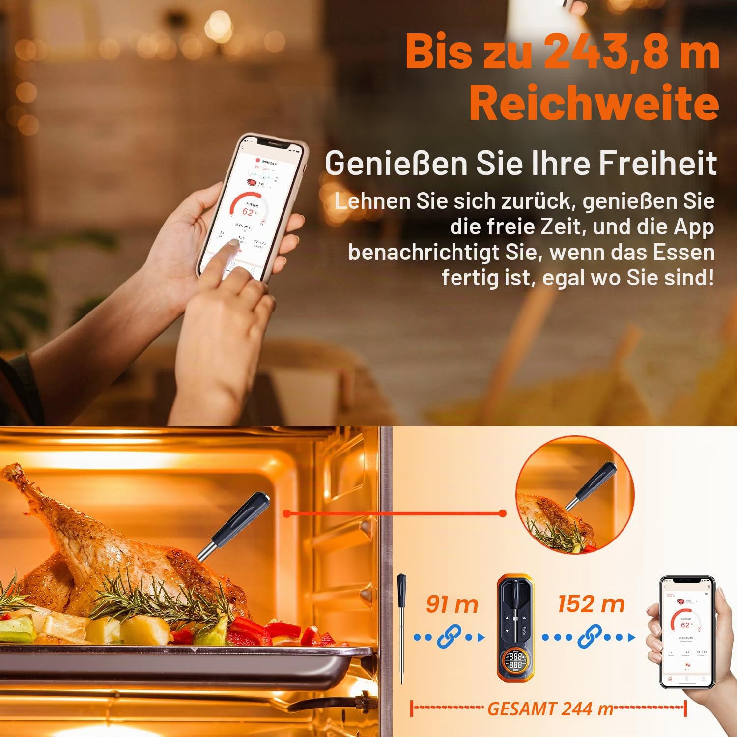 GRAM PRES Kabelloses Fleischthermometer, digitales Kochthermometer mit kabelloser Sonde & 500ft Reichweite Lebensmittelthermometer, iOS & Android App, vorprogrammierte Temperaturen für BBQ, Backofen,
