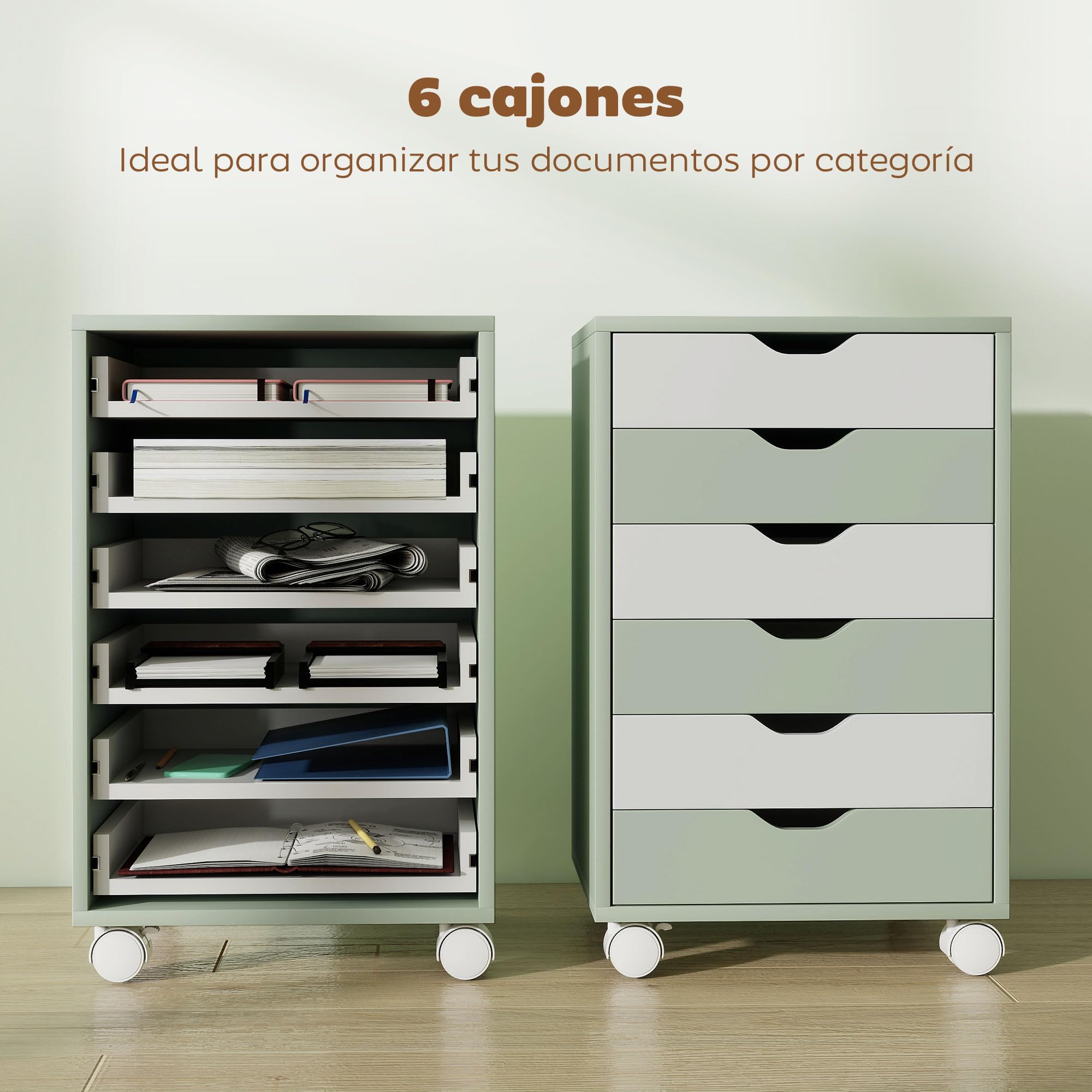 HOMCOM Cassettiera da scrivania, schedario mobile con 6 cassetti, supporto per stampante con rotelle, guide silenziose, per ufficio, casa, verde e bianco